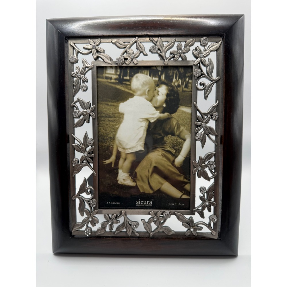 Sicura Signature Series 4x6 Photo Frame Wood Metal Floral Rhinestone Pewter Tone